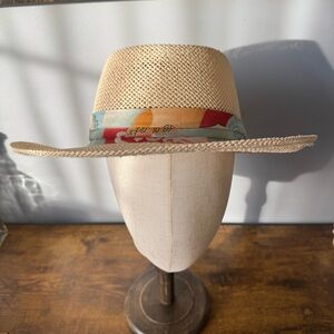 Vintage USA Made Straw Fedora Panama Style Hat With Scarf Band